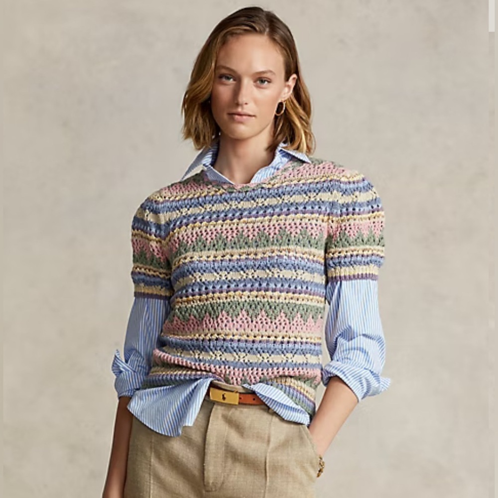 Ralph Lauren Women’s Crochet Knit Sweater Top Crewneck Stripe Tee Puff Sleeve S